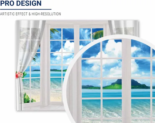 Miniatura 2 de Allenjoy Fondo de ventana de playa de verano de 8 x 6 pies, telón de fondo hawaiano tropical para fotografía, isla del océano, hojas de palma, Luau