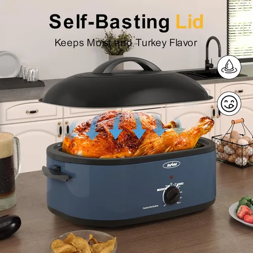 Miniatura 3 de Sunvivi Horno Asador, Horno Eléctrico Asador con Tapa de Auto-Rociado, 24 libras 20 cuartos de galón, Asadores de Pavo con Función Única de Azul