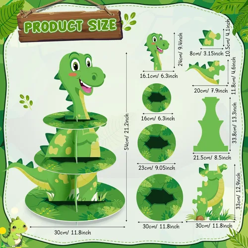 Miniatura 2 de Censen Soporte para cupcakes de dinosaurio de 3 niveles, decoración de fiesta con temática de dinosaurio, decoración de torre de postre