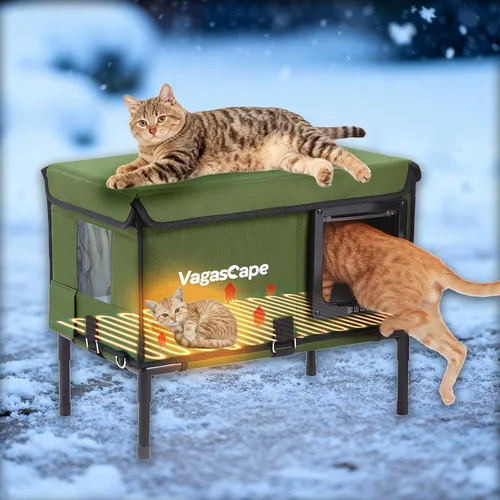 Vagascape Casa climatizada para gatos al aire libre en invierno, refugio aislado para gatos resistente a la intemperie con almohadilla térmica y