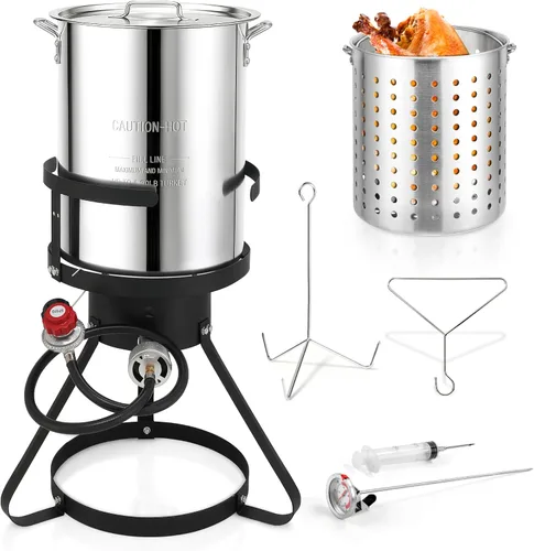 Outvita Juego de freidora de pavo de 30 cuartos de galón, vaporizador de caldera de pescado y mariscos de aluminio con quemador de gas propano de