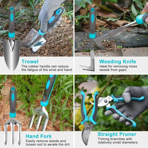 Miniatura 5 de Herramientas de jardinería, Carsolt juego de 10 piezas de herramientas de jardín de acero inoxidable resistente con mango ergonómico de goma.