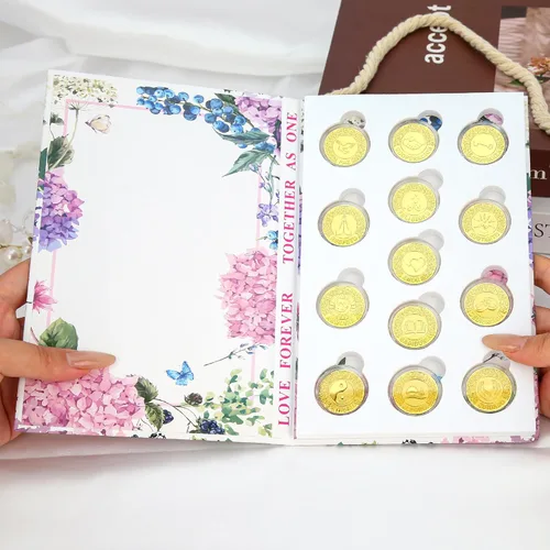 Miniatura 5 de TINGKU Juego de monedas de oro español (13 unidades), caja de almacenamiento con diseño de colección de libros para ceremonia de boda, regalo