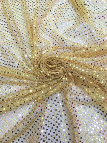 Sal Tex Fabrics, Lentejuelas pequeñas de punto de confeti en malla metálica transparente, se vende por The Yard (dorado)
