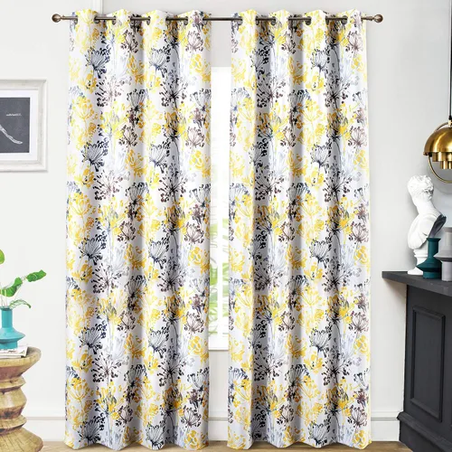 Cortinas DriftAway 100% Blackout Amarillas y Blancas para Sala de Estar, Dormitorio, Cocina, 84 Pulgadas de Largo, Paneles Botánicos con Flores,
