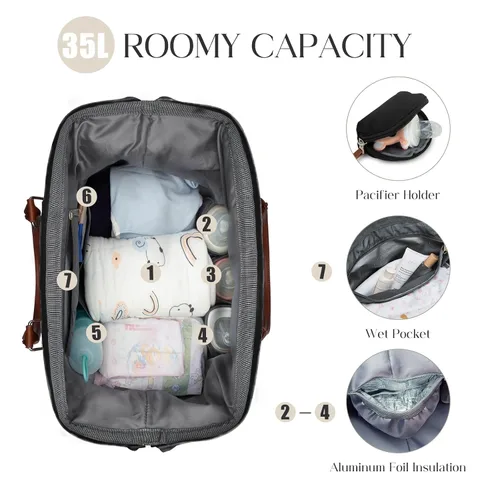 Miniatura 4 de printe Bolsa de pañales grande de 6 piezas con cambiador y 2 bolsas organizadas, bolsa de mamá para hospital con funda para chupete, correas, gancho