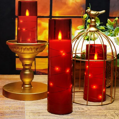 Miniatura 4 de kakoya Velas LED sin llama con temporizador, 5 piezas de velas parpadeantes sin llama para ambiente romántico y decoración del hogar, carcasa Rojo