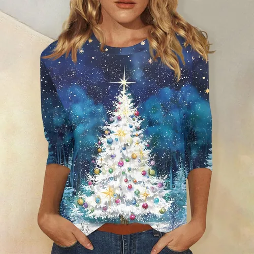 Miniatura 135 de Camisetas de manga 3/4 para mujer, cuello redondo, holgadas, casuales, con estampado floral, camisetas de moda para el trabajo de negocios