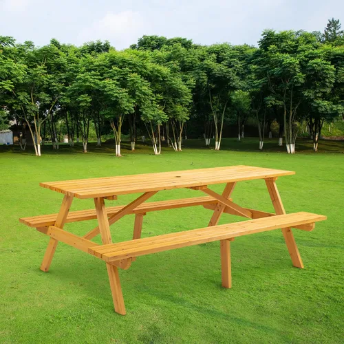 Miniatura 9 de Mesa de picnic redonda de madera para 6 personas, mesa de comedor al aire libre de 35 pulgadas con 3 bancos integrados, agujero para paraguas, mesa