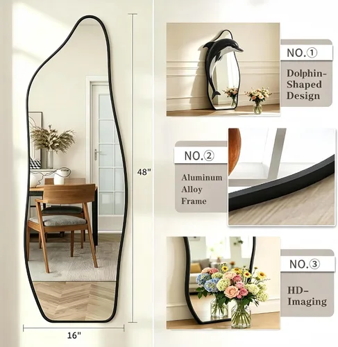 Miniatura 5 de Dolphin Shape Full Length Door Mirror 16"x48", Metal Frame with Protective Film, No-Drilling Hanging or Wall Mount, Hooks & Hardware Included, Full