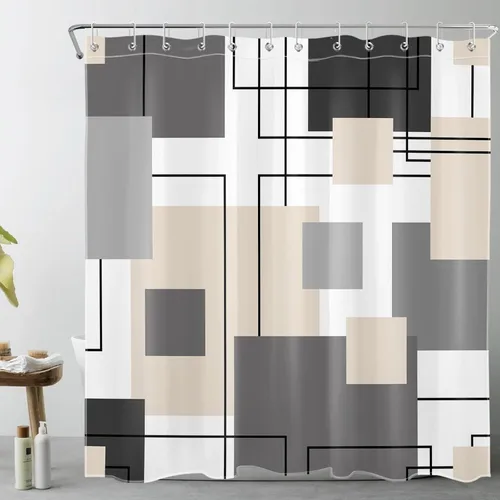 Miniatura 22 de LB Cortina de ducha geométrica a rayas grises y blancas, cortinas de ducha abstractas de mediados de siglo verde salvia para baño, 72 x 72 pulgadas