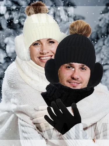 Miniatura 7 de 10 piezas de gorro de invierno bufanda guantes de punto cálido bufanda guantes pantalla táctil orejeras calcetines satén forro interior sombrero