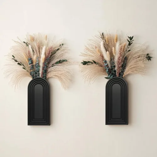 Miniatura 8 de Juego de 2 jarrones de pared de madera con eucalipto de hierba de las pampas, decoración de pared moderna de estilo bohemio para sala de estar