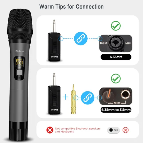 Miniatura 7 de Bietrun - Micrófono inalámbrico solo para entrada de micrófono, micrófono de mano dinámico de metal UHF multiusos con receptor recargable