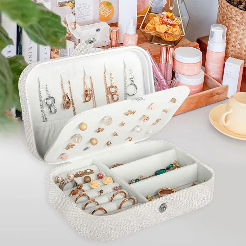 Miniatura 2 de Joyero para viaje, pequeño organizador de piel sintética para mujeres y niñas, estuche miniatura de viaje de doble capa, portátil, de exhibición