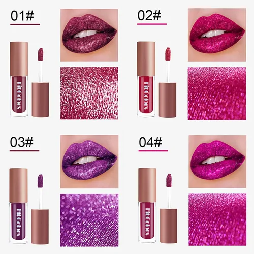 Miniatura 5 de SUMEITANG - Juego de lápices labiales con purpurina líquida de 4 colores, brillantes de diamante, tonos brillantes populares, acabado mate a