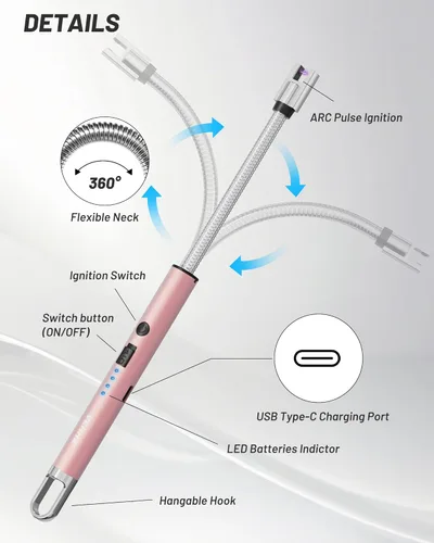Miniatura 2 de VEHHE - Encendedor eléctrico de velas, encendedores recargables por USB con botón de seguridad, encendedor largo de cuello flexible con diseño Rosa