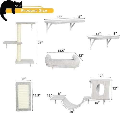 Miniatura 5 de NUNU LAB Juego de muebles para gatos montados en la pared, juego de 6 piezas para escalar con casa, puente, escalones, tabla rascadora - Paredes