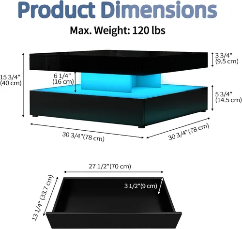 Miniatura 2 de Mesa auxiliar LED para sala de estar, mesa central cuadrada moderna de 2 niveles con luces de sincronización de música, superficie de alto brillo
