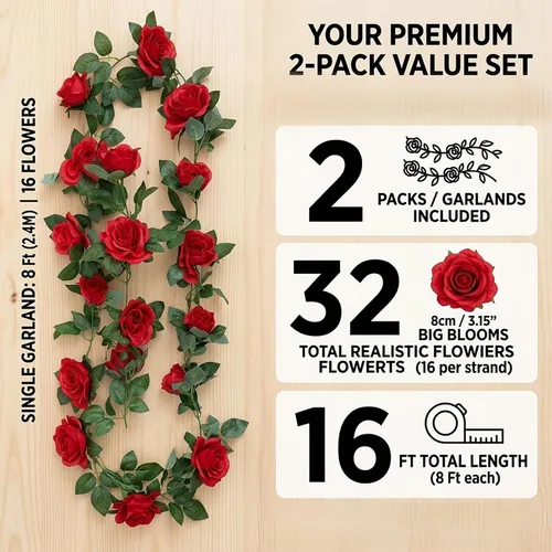 Miniatura 2 de Paquete de 2 guirnaldas de rosas artificiales de 16 pies – Rosa roja falsa de seda para arco de boda, decoración de pared del hogar, día de San Rojo