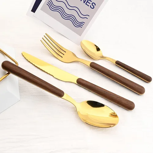 Miniatura 2 de Juego de cubiertos dorados de espejo de 24 piezas con soporte para cubiertos, cubiertos colgantes con mango redondo de madera, incluye cuchillo