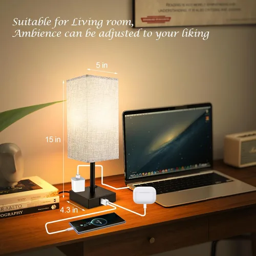 Miniatura 3 de Lámpara de mesa táctil para dormitorio, lámpara de noche regulable continua con puertos USB C+A y 3 temperaturas de color, luz de mesita de noche