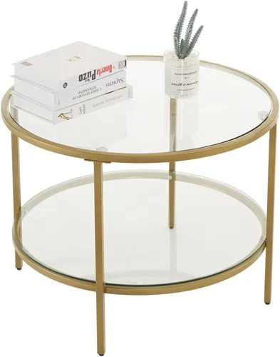 Miniatura 8 de VINGLI Mesa de Centro de Cristal, Mesa de Centro Redonda de 25.6" Dorado Champán para Sala de Estar, Mesa de Centro de Cristal de 2 Niveles con Oro