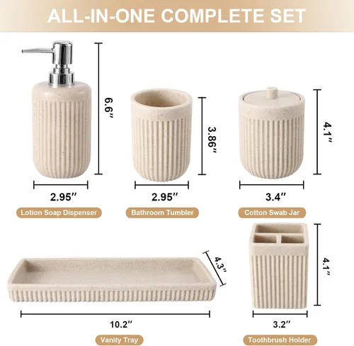 Miniatura 2 de XLHOMO Juego de accesorios de baño de resina beige de 5 piezas, dispensador de jabón y loción, soporte para cepillo de dientes, vaso de baño, porta
