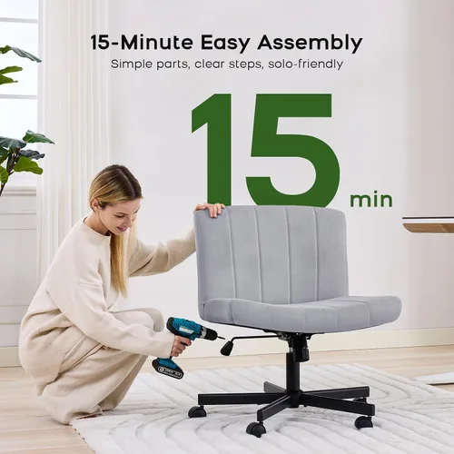 Miniatura 7 de LukkDys Silla cruzada con ruedas, silla de escritorio de patas cruzadas anchas, cómoda silla de tocador de tela para el hogar, oficina, dormitorio