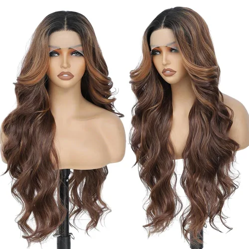 Miniatura 9 de Pelucas de encaje frontal rubias de 30 pulgadas X-TRESS con onda corporal, prediseñadas, peluca frontal de encaje sintético con raíces oscuras