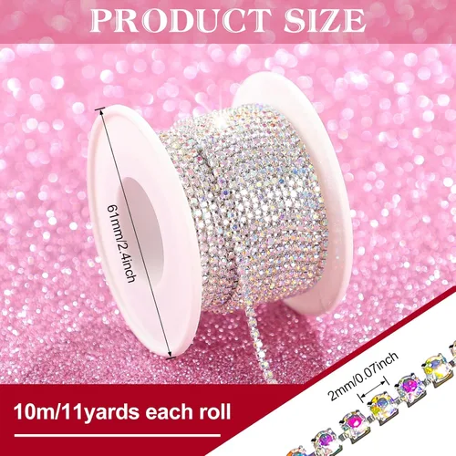 Miniatura 2 de 3 rollos en total de 33 yardas de 0.079 pulgadas (0.079 in) con diamantes de imitación de cristal, cadena de copa de garra de cristal, costura