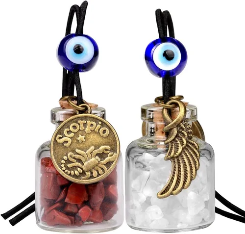 Miniatura 11 de Zodiac Birthstone Car Charms for Rearview Mirror Hanging - Two Gemstone Good Luck Bottles with Evil Eye Protection Bead and Guardian Angel Wing