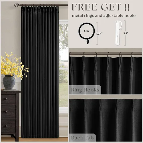 Miniatura 5 de Juego de 2 paneles de cortinas plisadas negras de 80 pulgadas para sala de estar, cortinas plisadas de lino con forro de 80 pulgadas de largo, 100%