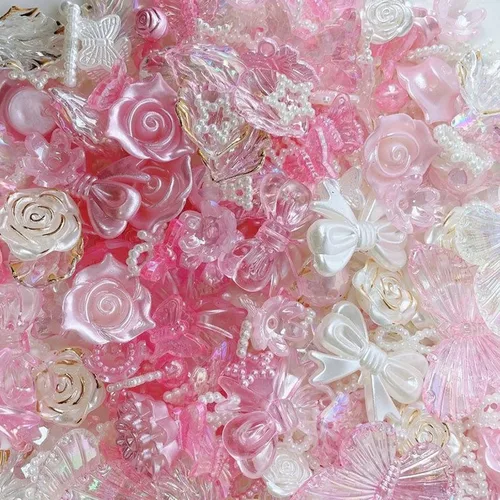 Miniatura 3 de 250 piezas de cuentas 3D con parte trasera plana, rosa y blanco surtido, cuentas de flores, lazos y mariposas con parte trasera plana, cuentas