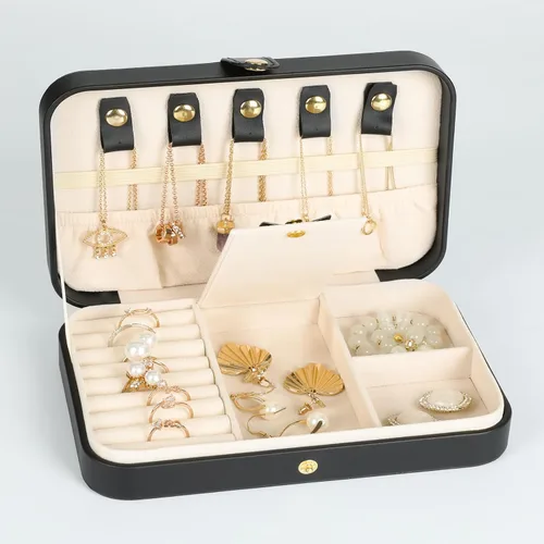 Miniatura 47 de Joyero pequeño, joyero de viaje portátil para mujer, mini organizador de viaje de 2 capas, regalo para mujeres y niñas, negro A
