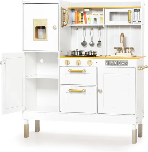 Kinder King Cocina de madera para niños, juego de cocina para niños pequeños, juego de juguetes de cocina con sonidos reales, horno microondas de