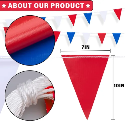 Miniatura 2 de Banderines de 105 pies, 7 x 10 pulgadas, rojo, azul y blanco, 45 piezas de alta visibilidad de seguridad en cuerda, bandera triangular para piscina