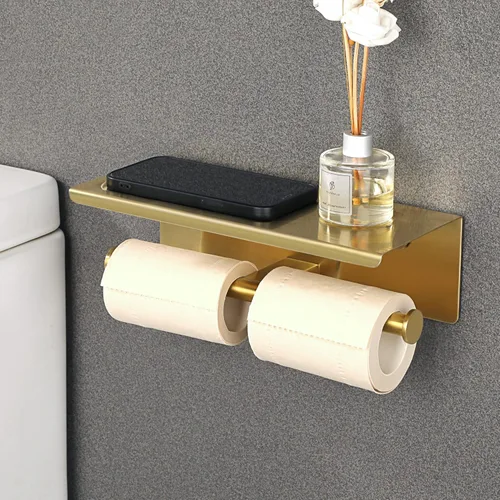 Alise Soporte de papel higiénico doble, soporte de papel higiénico de baño con estante, dispensador de almacenamiento de rollos de papel higiénico