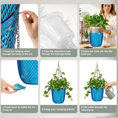 Miniatura 6 de QCQHDU - Macetas colgantes para plantas de interior, paquete de 2, 5.7 pulgadas, azul Klein Plástico, Autorriego, Percha de Plantas, Agujeros