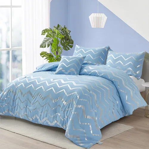 Menghomeus Juego de edredón King con estampado metálico azul/plateado con purpurina, ropa de cama bonita y brillante para adolescentes, niñas, niños