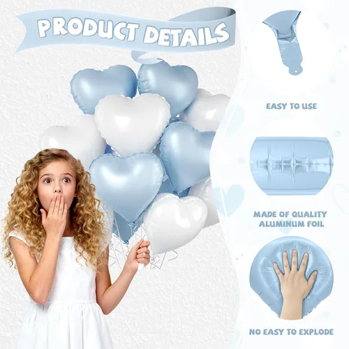 Miniatura 3 de Globos de corazón azul bebé, 10 piezas de globos en forma de corazón azul claro y blanco pastel, globos de papel de aluminio blanco arena crema