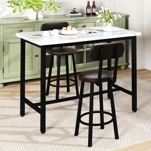 Miniatura 10 de Juego de mesa de comedor, mesa redonda de mármol sintético de 23.6 pulgadas con 2 sillas de respaldo tapizadas de poliuretano, juego de cocina