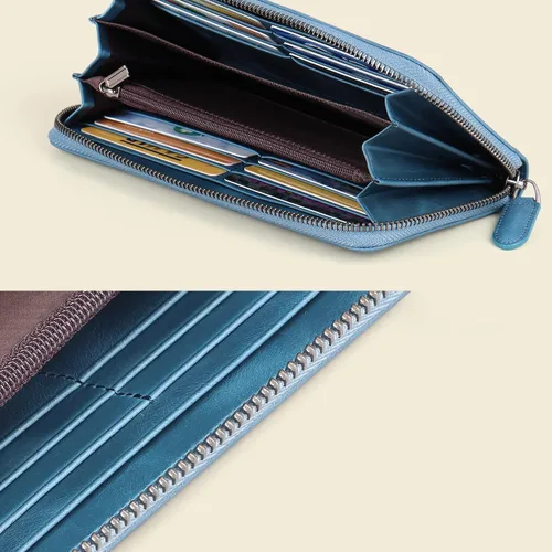 Miniatura 27 de VISOUL Cartera larga de cuero con cremallera para hombres y mujeres con bloqueo RFID, cartera larga de embrague grande con cremallera, Negro