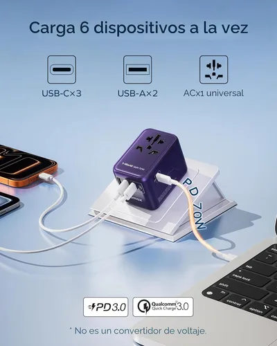 Miniatura 3 de MOMAX Adaptador de viaje universal 6 en 1, adaptador de corriente internacional GaN 70W, 3 cargas rápidas USB-C PD y 2 USB-A QC, 1 AC, adaptador