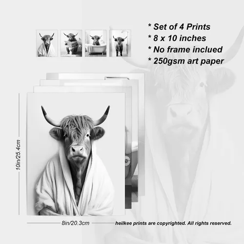Miniatura 3 de heilkee Decoración de baño de vaca de las tierras altas en blanco y negro, divertido arte de pared de animales para baño, decoración moderna