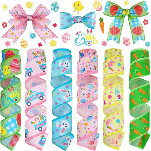 6 rollos de 30 yardas de cinta de Pascua de 2 pulgadas, conejo, huevo, conejo, pastel, color primavera, borde con cable, cinta decorativa para
