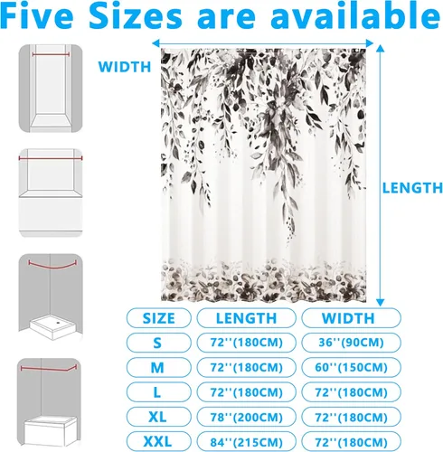 Miniatura 3 de Cortina de ducha de hojas de eucalipto negras para baño: juego de cortinas de ducha con acuarela de arte estético con ganchos, decoración de tela