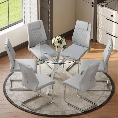 Miniatura 32 de Juego de mesa de comedor redonda para 6, juego de mesa de comedor de vidrio de 39 pulgadas con base de metal ajustable dorada en forma de X y 6