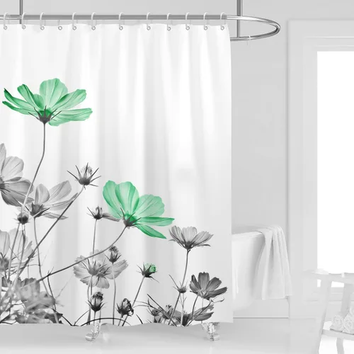 Miniatura 30 de Cortina de ducha de 72" x 72" con flores grises y rosas, gris y blanco, flores silvestres, margaritas, plantas, pintura de tinta, botánica