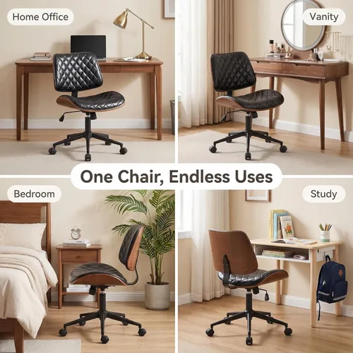 Miniatura 4 de Furnimart Silla de escritorio pequeña sin brazos con ruedas, silla giratoria de piel sintética de 360° para dormitorio, silla de trabajo compacta